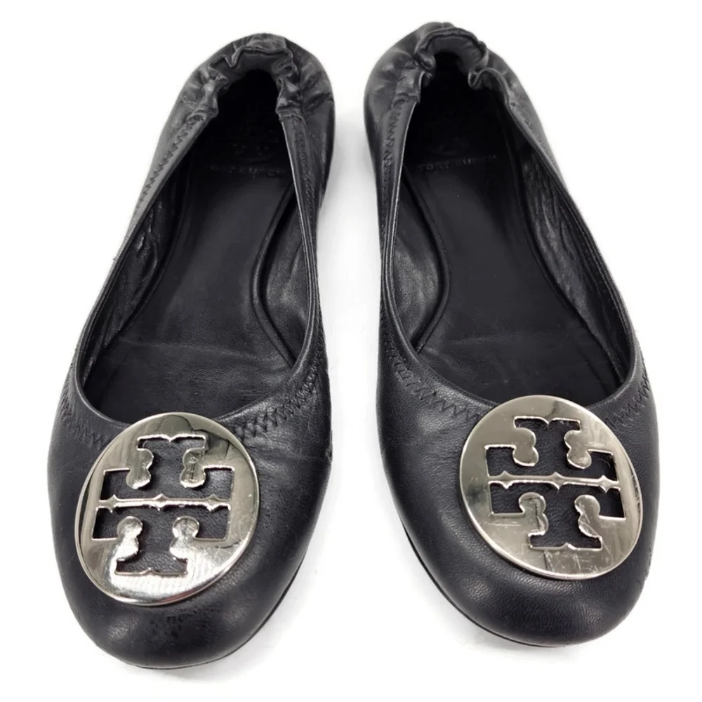 Tory Burch Reva Black Leather Silver-Tone Double-T Medallion Classic Ballet Flat
